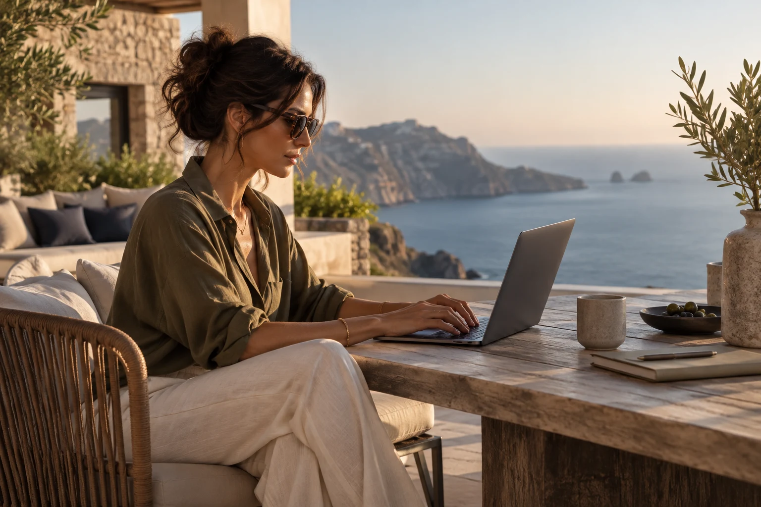 Mujer trabajando desde una terraza junto al mar